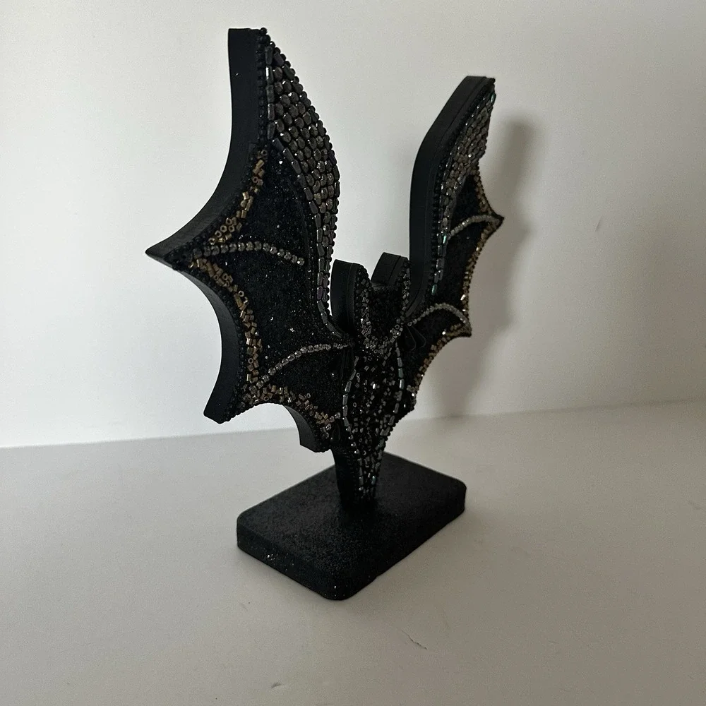 Beaded Black Bat Halloween Decor Glitter Gothic Tabletop Figurine Freestanding